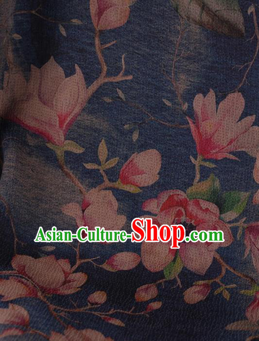 Traditional Chinese Classical Magnolia Pattern Design Blue Satin Watered Gauze Brocade Fabric Asian Silk Fabric Material