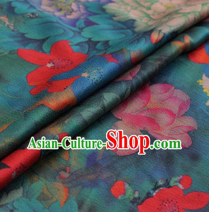 Traditional Chinese Classical Lotus Peony Pattern Design Green Satin Watered Gauze Brocade Fabric Asian Silk Fabric Material