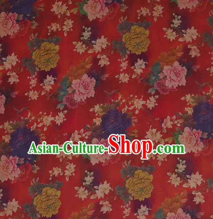 Traditional Chinese Classical Peony Pattern Design Red Satin Watered Gauze Brocade Fabric Asian Silk Fabric Material