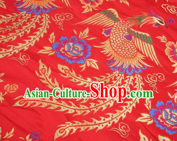 Chinese Classical Phoenix Peony Pattern Design Red Brocade Asian Traditional Hanfu Silk Fabric Tang Suit Fabric Material