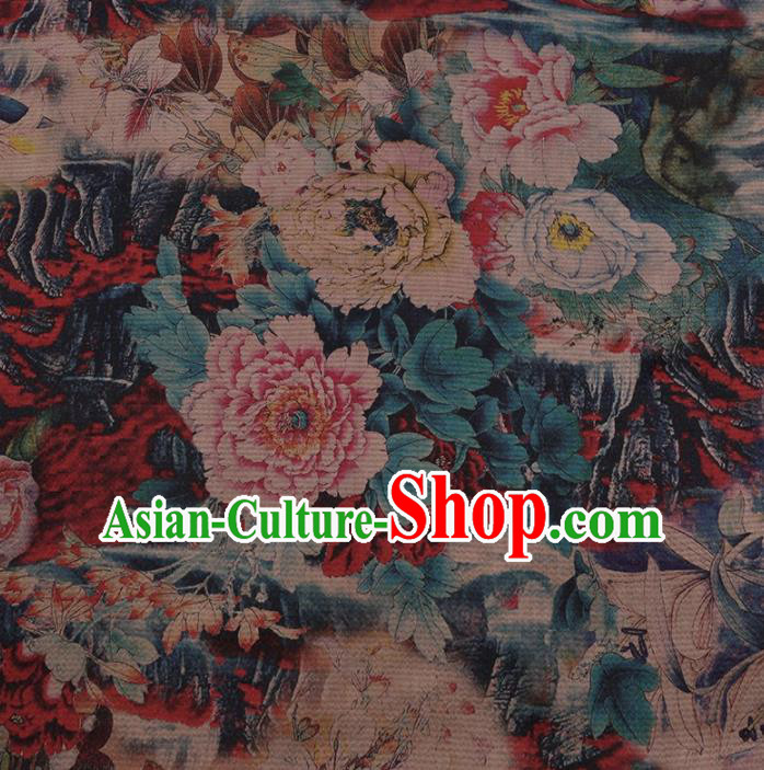 Chinese Traditional Peony Pattern Design Colorful Satin Watered Gauze Brocade Fabric Asian Silk Fabric Material