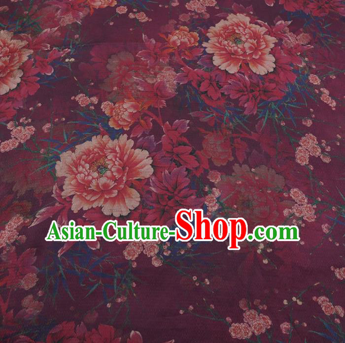 Chinese Traditional Peony Pattern Design Wine Red Satin Watered Gauze Brocade Fabric Asian Silk Fabric Material