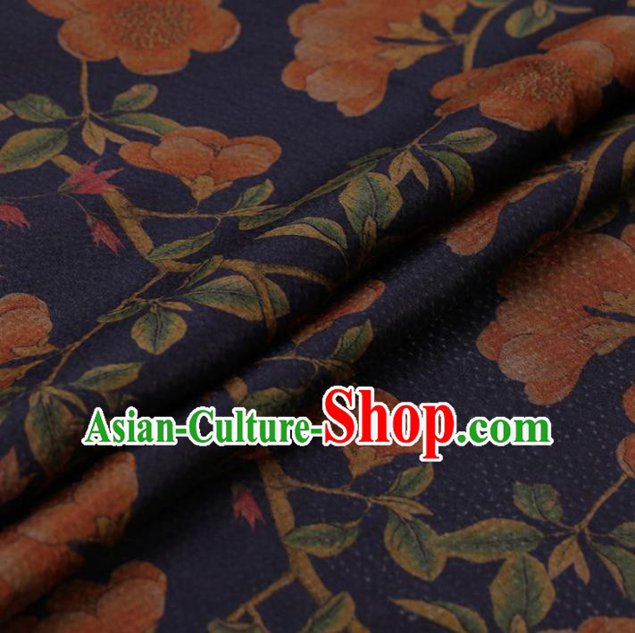 Chinese Traditional Pear Flowers Pattern Design Navy Satin Watered Gauze Brocade Fabric Asian Silk Fabric Material