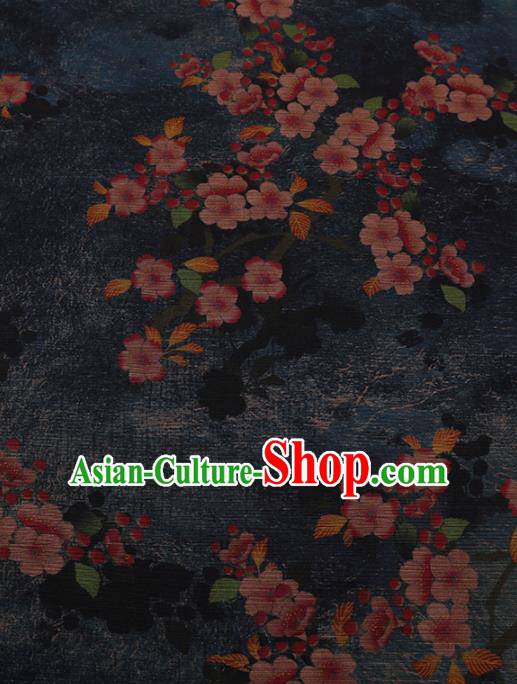 Traditional Chinese Classical Peach Flowers Pattern Design Navy Satin Watered Gauze Brocade Fabric Asian Silk Fabric Material