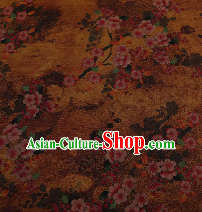 Traditional Chinese Classical Peach Flowers Pattern Design Yellow Satin Watered Gauze Brocade Fabric Asian Silk Fabric Material