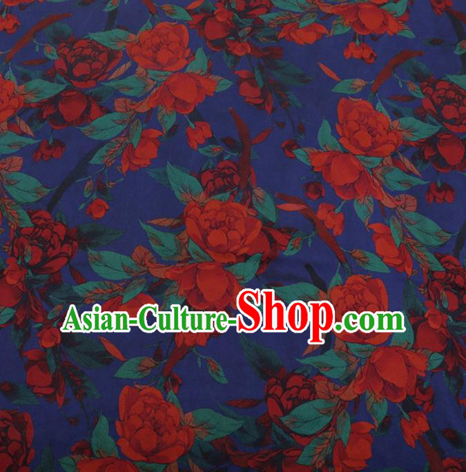 Traditional Chinese Classical Peony Pattern Design Deep Blue Satin Watered Gauze Brocade Fabric Asian Silk Fabric Material