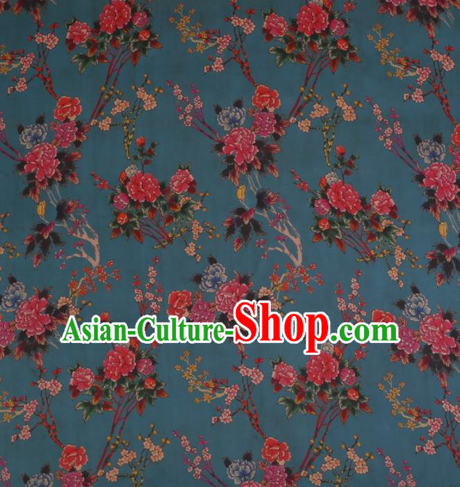 Traditional Chinese Classical Peony Pattern Design Peacock Blue Satin Watered Gauze Brocade Fabric Asian Silk Fabric Material