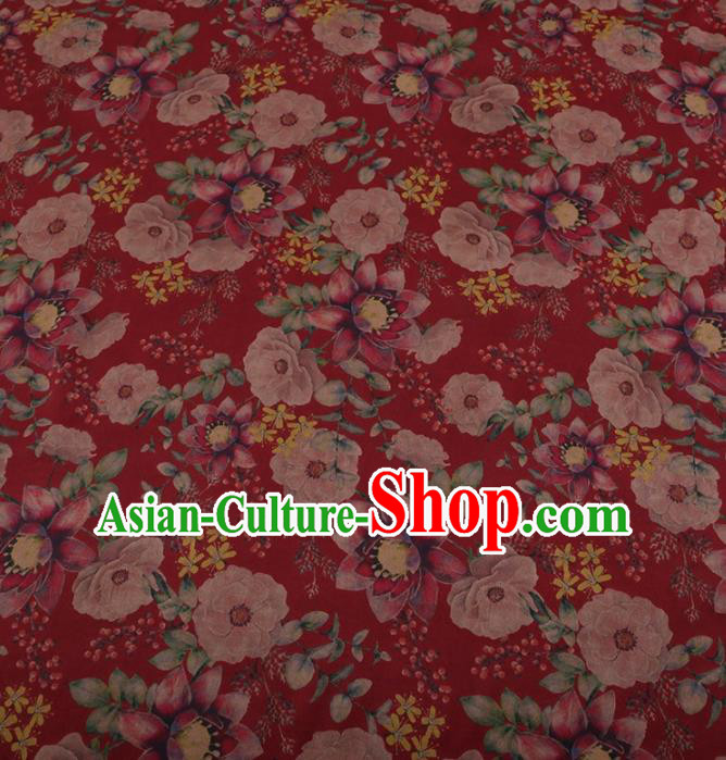 Traditional Chinese Classical Camellia Pattern Design Red Satin Watered Gauze Brocade Fabric Asian Silk Fabric Material