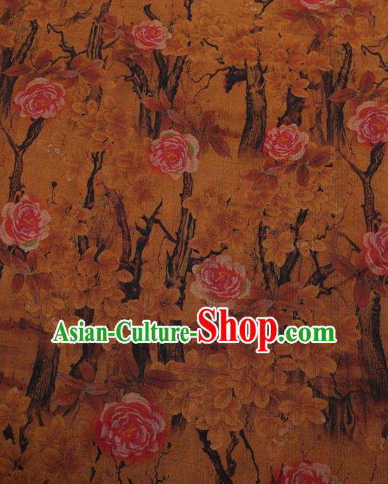 Traditional Chinese Classical Camellia Pattern Design Yellow Satin Watered Gauze Brocade Fabric Asian Silk Fabric Material