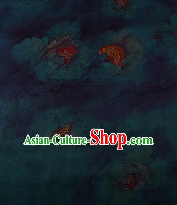 Traditional Chinese Classical Peony Pattern Design Deep Green Satin Watered Gauze Brocade Fabric Asian Silk Fabric Material