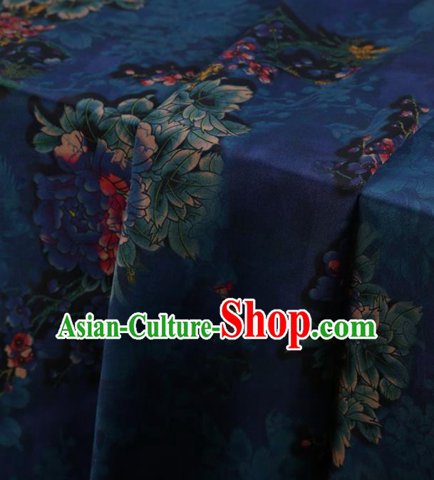 Traditional Chinese Classical Peony Pattern Design Deep Blue Satin Watered Gauze Brocade Fabric Asian Silk Fabric Material