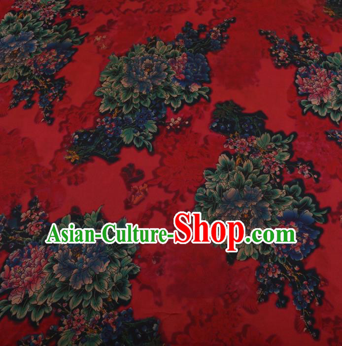 Traditional Chinese Classical Peony Pattern Design Red Satin Watered Gauze Brocade Fabric Asian Silk Fabric Material