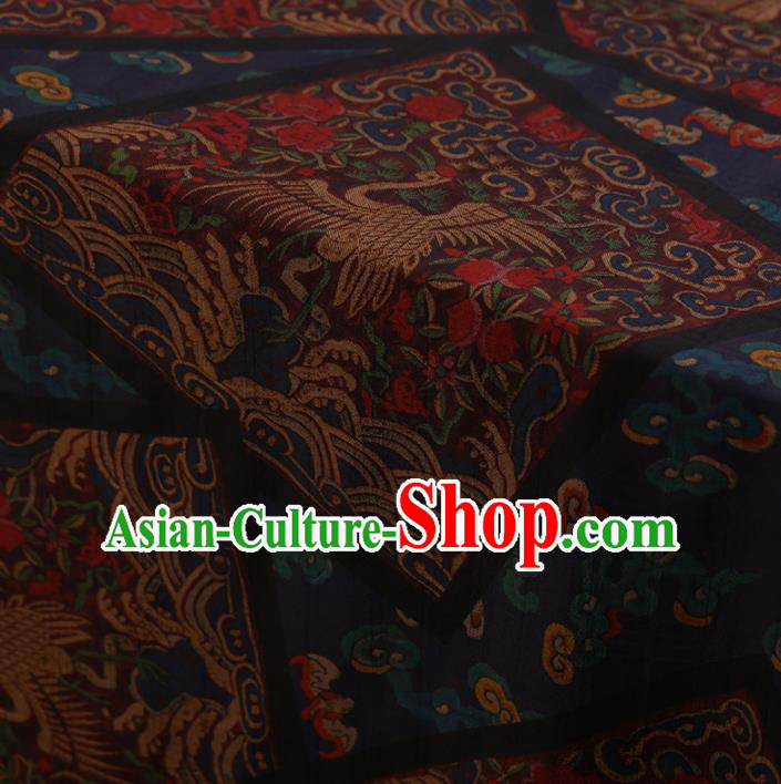 Traditional Chinese Classical Cranes Pattern Design Navy Satin Watered Gauze Brocade Fabric Asian Silk Fabric Material