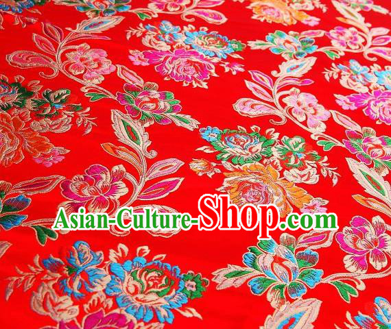 Chinese Classical Colorful Peony Pattern Design Red Brocade Asian Traditional Hanfu Silk Fabric Tang Suit Fabric Material