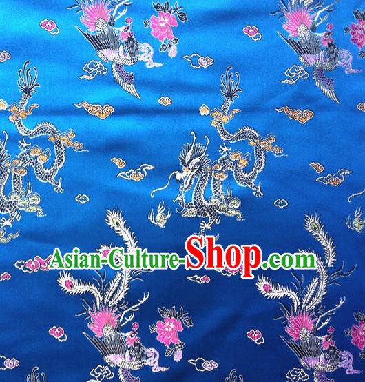 Chinese Classical Dragon Phoenix Pattern Design Blue Brocade Asian Traditional Hanfu Silk Fabric Tang Suit Fabric Material