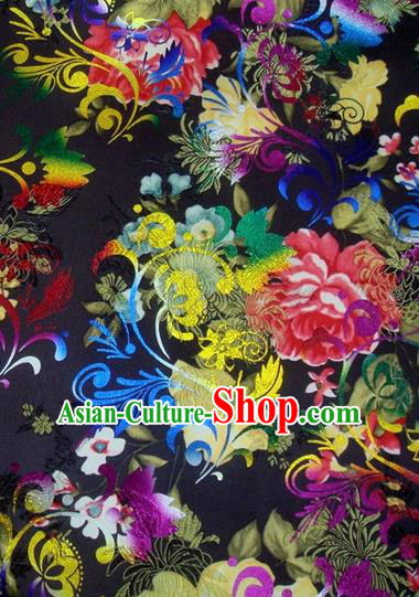 Chinese Classical Gilding Peony Pattern Design Black Brocade Asian Traditional Hanfu Silk Fabric Tang Suit Fabric Material