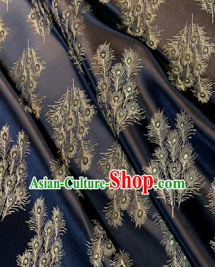 Chinese Classical Satin Feather Pattern Design Black Brocade Drapery Asian Traditional Tang Suit Silk Fabric Material