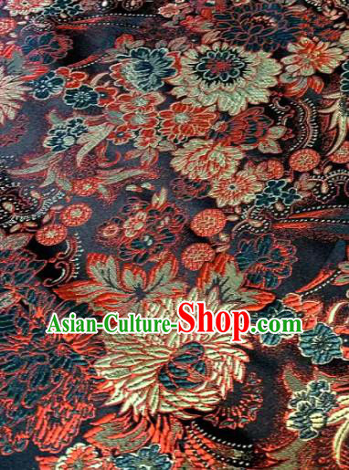 Japan Classical Chrysanthemum Pattern Design Black Brocade Asian Japanese Traditional Kimono Silk Fabric Material