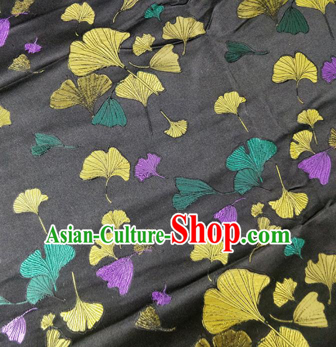Traditional Chinese Classical Ginkgo Leaf Pattern Design Fabric Black Brocade Tang Suit Satin Drapery Asian Silk Material