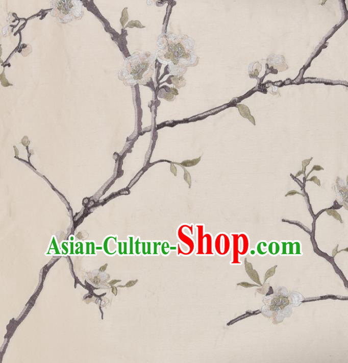 Traditional Chinese Classical Embroidered Plum Blossom Pattern Design Fabric Beige Brocade Tang Suit Satin Drapery Asian Silk Material