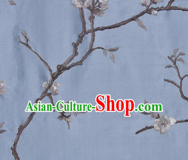 Traditional Chinese Classical Embroidered Plum Blossom Pattern Design Fabric Light Blue Brocade Tang Suit Satin Drapery Asian Silk Material