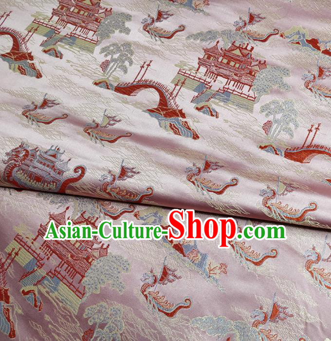 Traditional Chinese Classical Dragon Boat Pattern Design Fabric Pink Brocade Tang Suit Satin Drapery Asian Silk Material