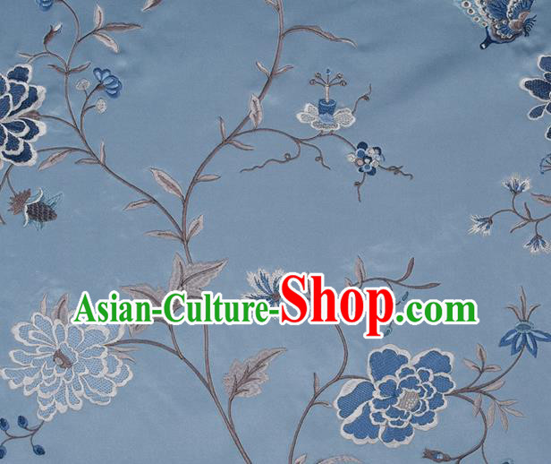 Traditional Chinese Classical Embroidered Peony Pattern Design Fabric Blue Brocade Tang Suit Satin Drapery Asian Silk Material