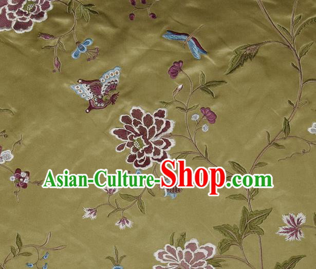 Traditional Chinese Classical Embroidered Peony Pattern Design Fabric Olive Green Brocade Tang Suit Satin Drapery Asian Silk Material