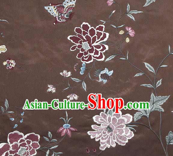 Traditional Chinese Classical Embroidered Peony Pattern Design Fabric Brown Brocade Tang Suit Satin Drapery Asian Silk Material