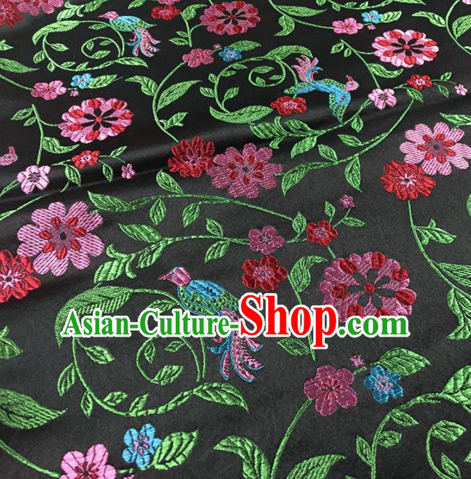 Traditional Chinese Classical Flowers Pattern Design Fabric Black Brocade Tang Suit Satin Drapery Asian Silk Material