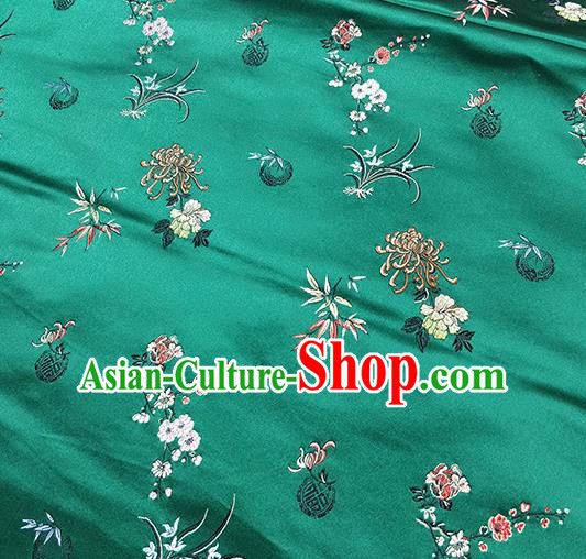 Traditional Chinese Classical Plum Orchid Bamboo Chrysanthemum Pattern Design Fabric Green Brocade Tang Suit Satin Drapery Asian Silk Material