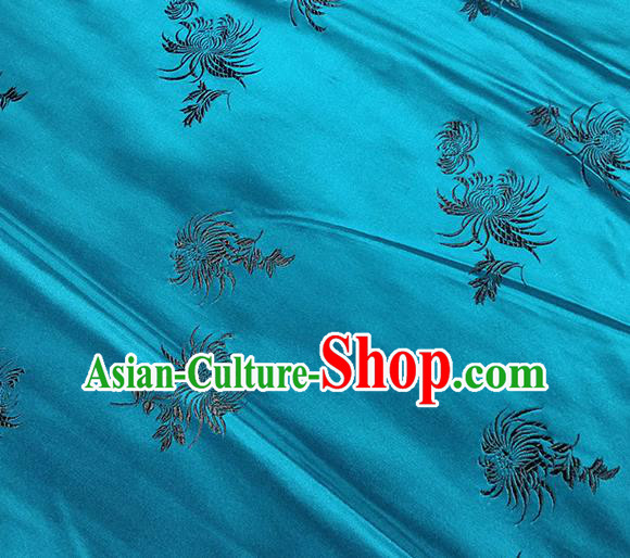 Traditional Chinese Classical Chrysanthemum Pattern Design Fabric Peacock Blue Brocade Tang Suit Satin Drapery Asian Silk Material
