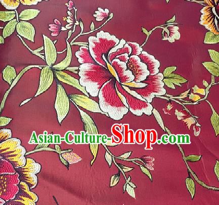 Traditional Chinese Classical Peony Pattern Design Wedding Brocade Wine Red Satin Drapery Asian Tang Suit Silk Fabric Material