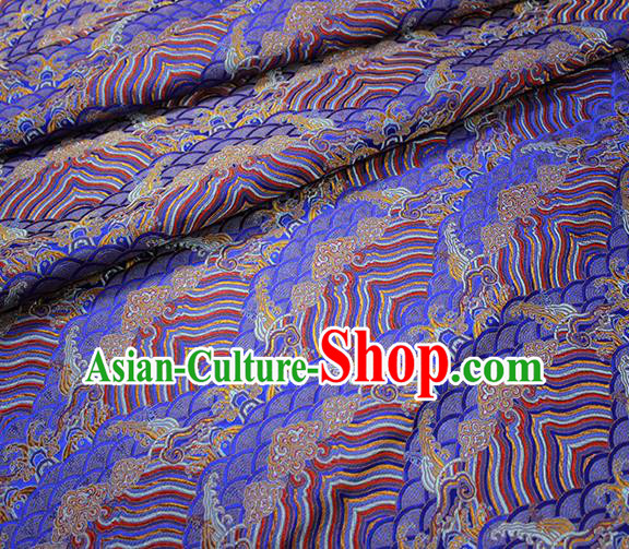 Traditional Chinese Classical Sea Waves Pattern Design Fabric Deep Blue Brocade Tang Suit Satin Drapery Asian Silk Material