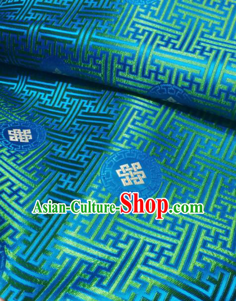 Asian Chinese Classical Lucky Knots Pattern Design Blue Brocade Fabric Traditional Tang Suit Satin Drapery Silk Material