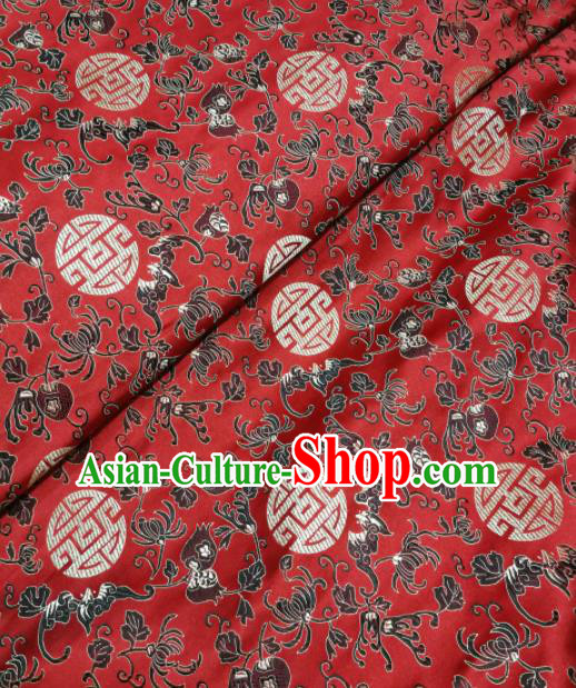 Asian Chinese Classical Longevity Chrysanthemum Pattern Design Red Brocade Fabric Traditional Tang Suit Satin Drapery Silk Material