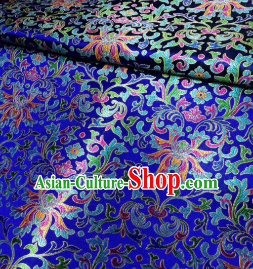 Asian Chinese Royal Colorful Chrysanthemum Pattern Design Royalblue Brocade Fabric Traditional Tang Suit Satin Classical Drapery Silk Material