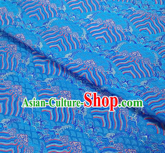Traditional Chinese Classical Sea Waves Pattern Design Fabric Blue Brocade Tang Suit Satin Drapery Asian Silk Material