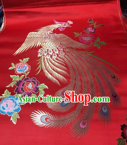 Asian Chinese Wedding Red Satin Classical Phoenix Pattern Design Brocade Mongolian Robe Fabric Traditional Drapery Silk Material