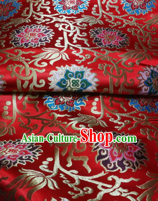 Asian Chinese Wedding Red Satin Classical Lotus Pattern Design Brocade Mongolian Robe Fabric Traditional Drapery Silk Material