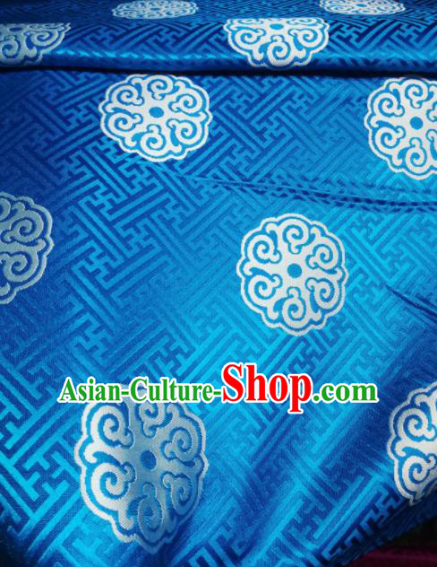 Asian Chinese Satin Classical Pattern Design Blue Brocade Mongolian Robe Fabric Traditional Drapery Silk Material