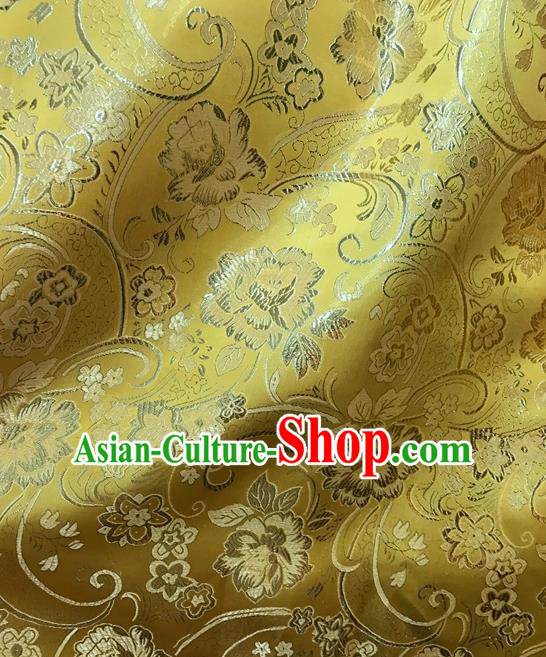 Asian Chinese Cheongsam Golden Satin Classical Peony Pattern Design Brocade Fabric Traditional Drapery Silk Material