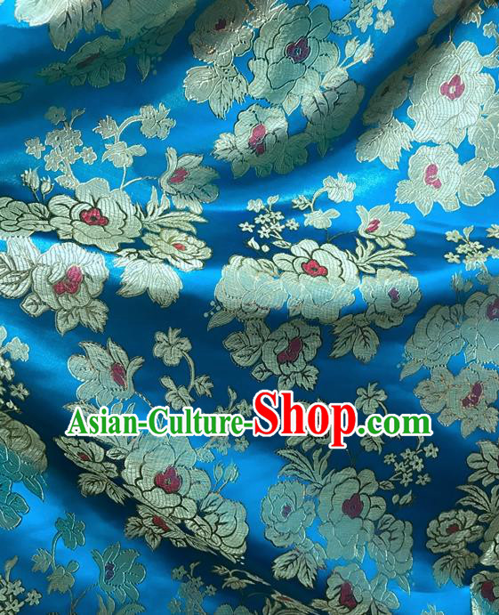 Asian Chinese Cheongsam Blue Satin Classical Peony Pattern Design Brocade Fabric Traditional Drapery Silk Material