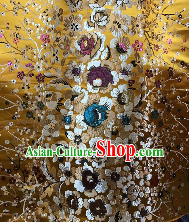 Asian Chinese Cheongsam Satin Classical Flowers Pattern Design Golden Brocade Fabric Traditional Drapery Silk Material