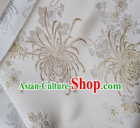 Asian Chinese Cheongsam Fabric White Satin Classical Chrysanthemum Pattern Design Brocade Traditional Drapery Silk Material