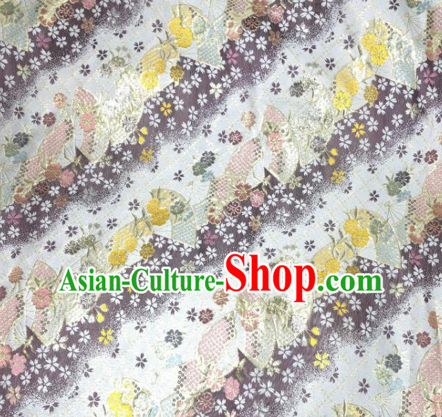 Asian Japanese Kimono Fabric Classical Fan Pattern Design White Brocade Traditional Drapery Silk Material