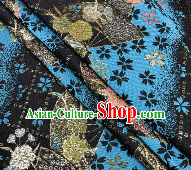 Asian Japanese Kimono Fabric Classical Fan Pattern Design Blue Brocade Traditional Drapery Silk Material