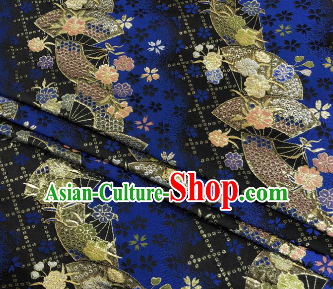 Asian Japanese Kimono Fabric Classical Fan Pattern Design Royalblue Brocade Traditional Drapery Silk Material