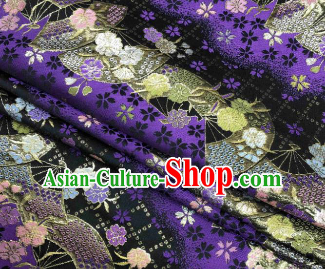 Asian Japanese Kimono Fabric Classical Fan Pattern Design Deep Purple Brocade Traditional Drapery Silk Material