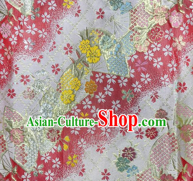 Asian Japanese Kimono Fabric Classical Fan Pattern Design Pink Brocade Traditional Drapery Silk Material